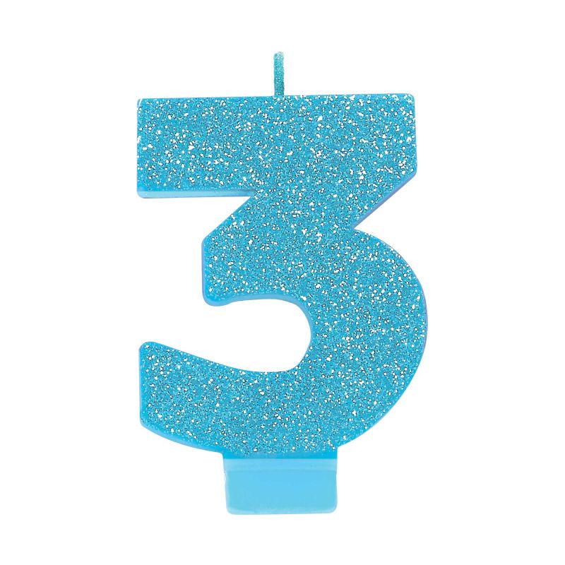 #3 Blue Glitter Numeral Candle