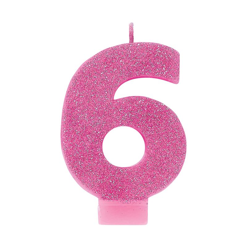 Pink glitter numeral candle #6, 8cm tall, perfect for birthdays and celebrations, adding sparkle to cakes.