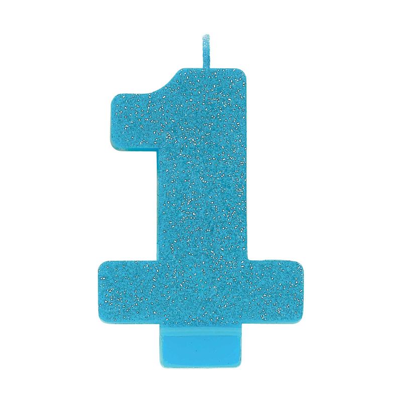 Blue glitter numeral candle, 8cm tall, perfect for adding sparkle to birthday cakes and milestones.