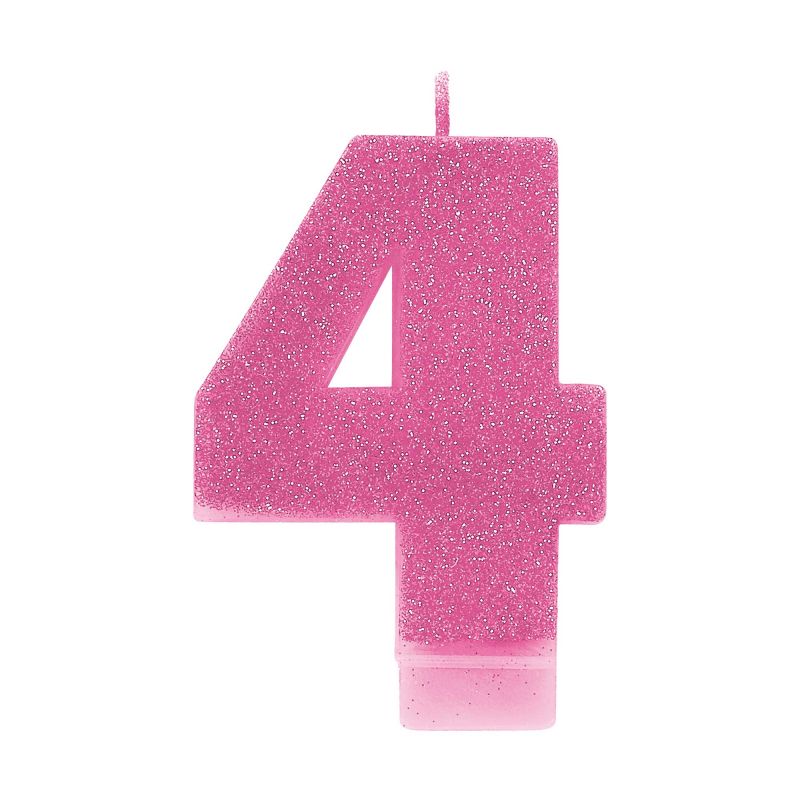 #4 Pink Glitter Numeral Candle, 8cm tall, sparkles with vibrant pink glitter for birthdays and celebrations.