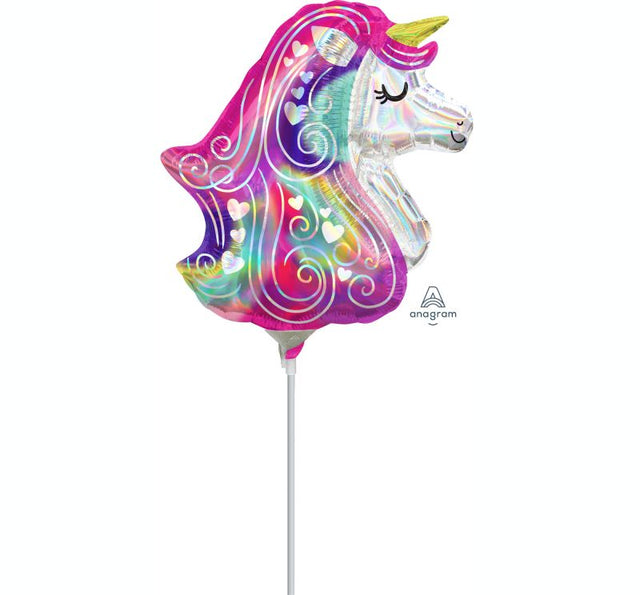 Holographic unicorn and heart-shaped foil balloon, perfect for whimsical celebrations and vibrant party decor.