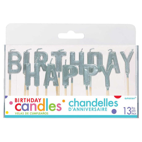 Elegant silver Happy Birthday pick candles in a pack of 13, perfect for adding glamour to any birthday cake celebration.