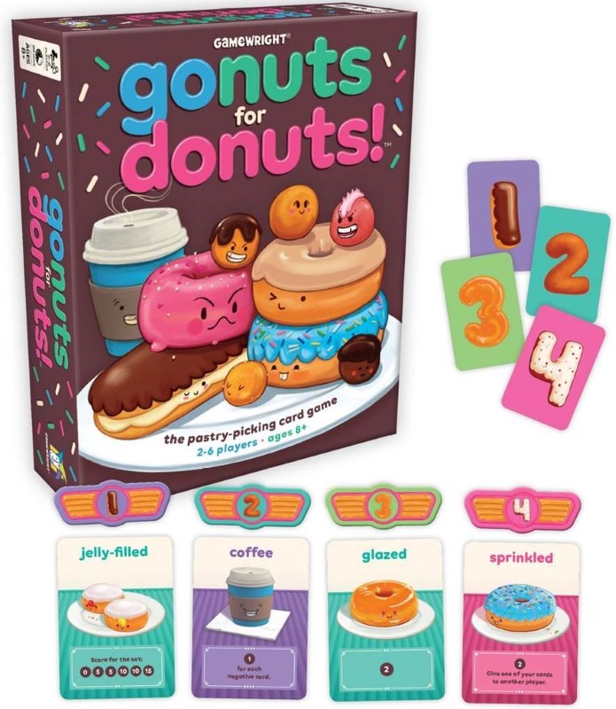 Colorful card game "Go Nuts for Donuts" featuring whimsical artwork and strategy elements centered around delicious donuts.