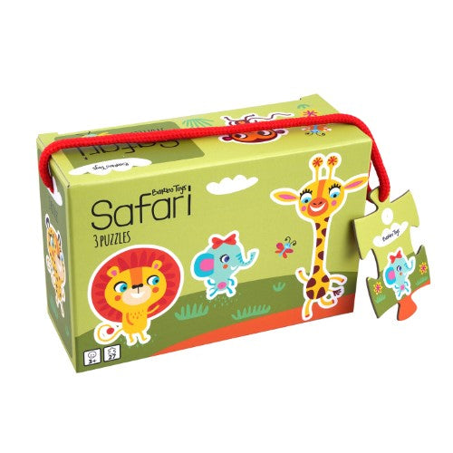 Colorful Barbo Toys Little Bright Ones Safari puzzles for kids aged 3+, featuring 3 designs with 6, 9, and 12 pieces each.