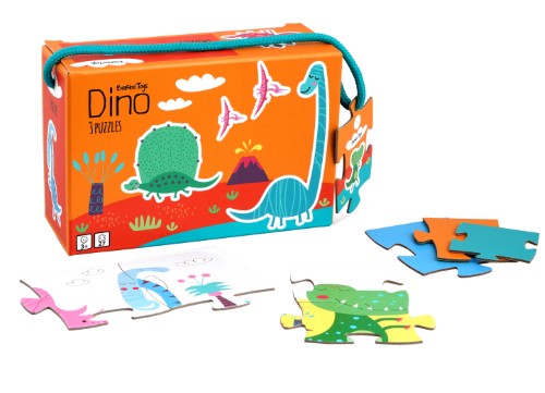 Colorful dinosaur puzzles for kids aged 3+, featuring 6, 9, and 12 pieces in a compact storage box.