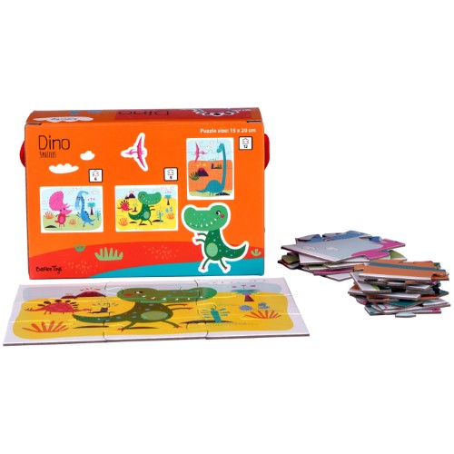 Colorful dinosaur puzzles set for kids aged 3+, featuring 6, 9, and 12 piece challenges in a compact storage box.