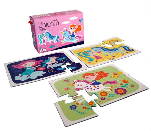 Colorful Unicorn puzzle set for kids with 3 puzzles (6, 9, 12 pieces) in a portable box, enhancing motor skills and imagination.