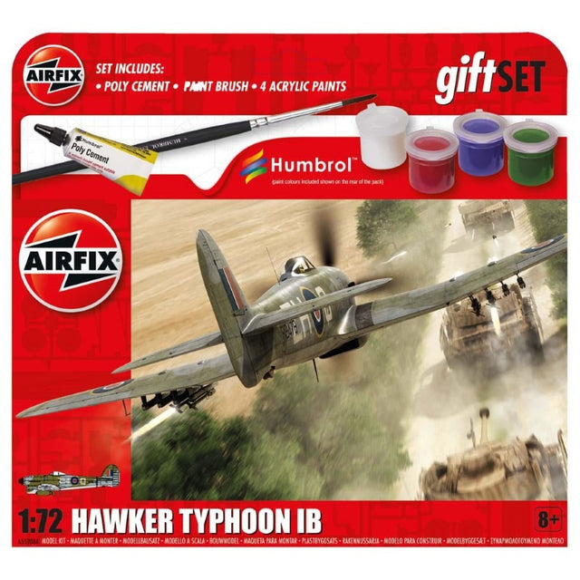 Detailed 1:72 scale model kit of the Hawker Typhoon Mk.lB with paints, brush, and instructions, perfect for enthusiasts.