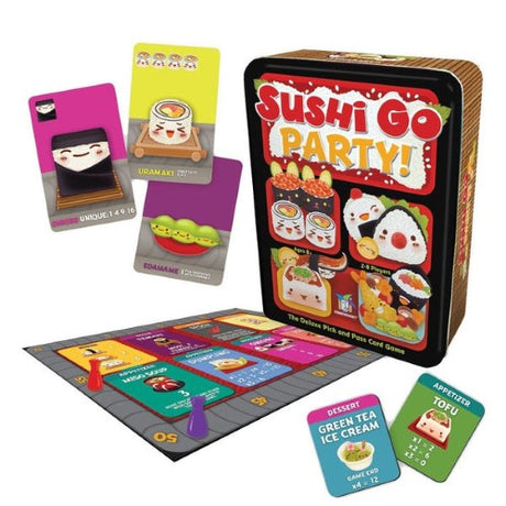 Colorful Sushi Go Party card game box featuring 181 illustrated cards, designed for 2-8 players, ages 8 and up.