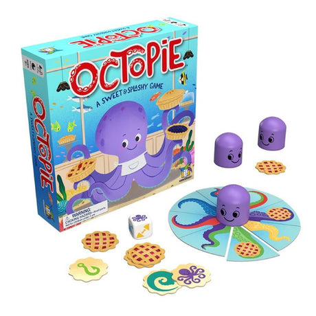 Colorful Octopie game featuring octopus tiles and pie tokens for fun family gatherings and skill development for ages 5+.