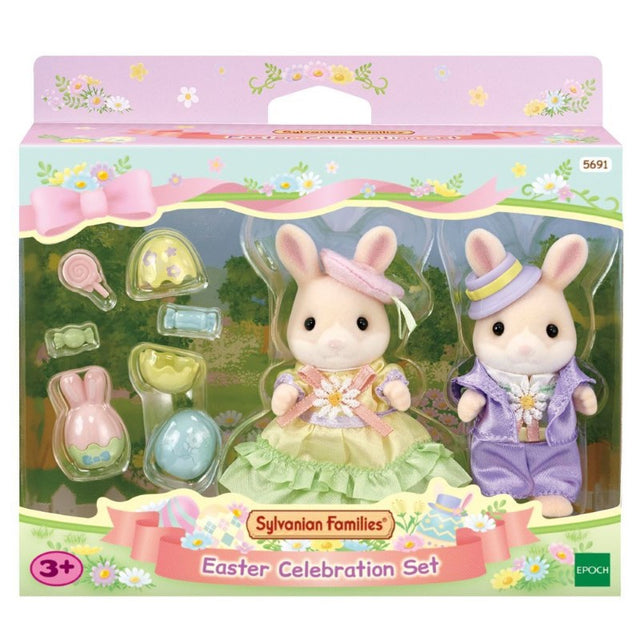 Easter Celebration Set featuring bunnies Serena and Romeo in festive outfits with colorful opening eggs and treats.