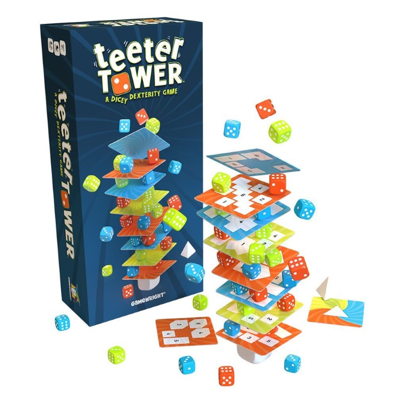 Colorful dice stacked on a tower with tiles, promoting teamwork and strategy in the Teeter Tower card game for ages 8+.