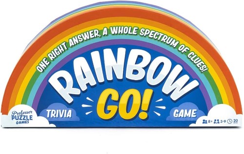 Fast-paced trivia card game Rainbow Go for 3-9 players, featuring clues and a race to slap the 'Go!' card.