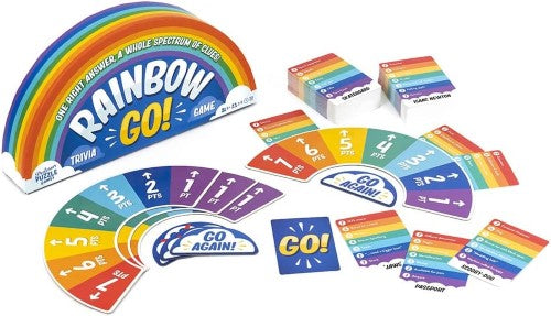 Colorful trivia card game 'Rainbow Go' with clues and fast-paced gameplay for 3-9 players, ages 8 and up.