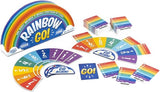 Colorful trivia card game 'Rainbow Go' with clues and fast-paced gameplay for 3-9 players, ages 8 and up.