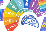 "Colorful trivia card game Rainbow Go for 3-9 players, combining fast response and strategic clue usage for fun family nights."