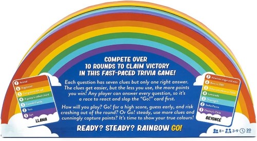 "Rainbow Go trivia card game for 3-9 players, featuring colorful cards and fast-paced clue-based gameplay."