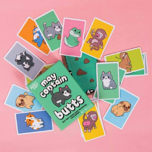 A colorful card game featuring animals, focusing on matching fronts and butts for family fun and laughter.