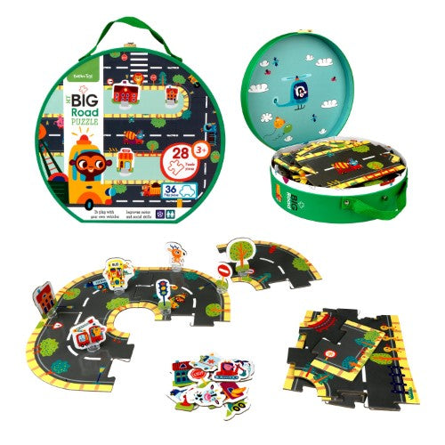 Colorful floor puzzle in a suitcase, teaching traffic rules and creative play for children with toy cars.