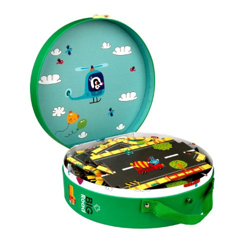 Vibrant children's floor puzzle in a suitcase, featuring customizable roads, traffic signs, and street lights for imaginative play.