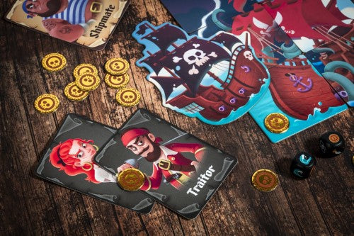 Alt text: "Traitors Tide Dice Game box featuring adventure-themed artwork, designed for 3-6 players and ages 10+, with quick gameplay."