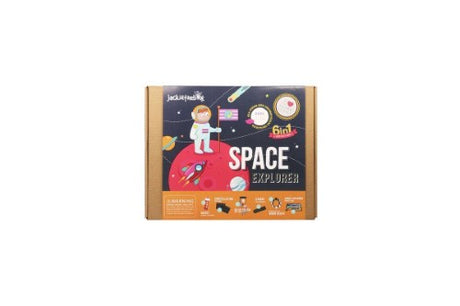 A vibrant 6-in-1 craft box for kids featuring space-themed DIY projects that blend learning and creativity.