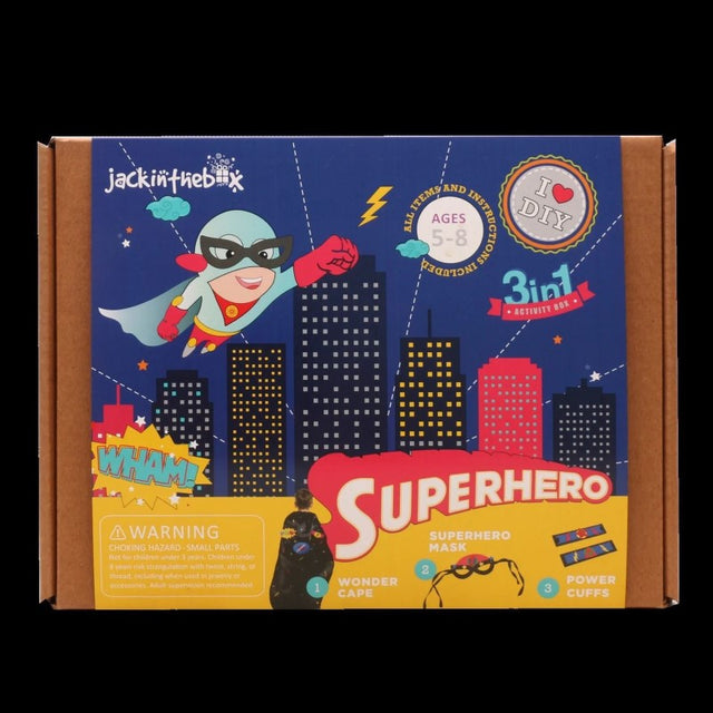 3-in-1 Superhero Craft Box for kids featuring Animal Toppers, Tangram Magnets, and Hunter & Prey Masks for creative play.