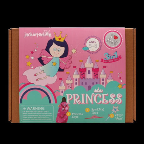 Craft kit featuring a pink satin cape, sparkling tiara, and magic wand for imaginative play and creativity.