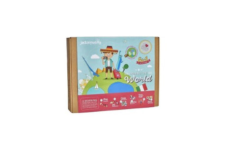 Colorful craft box for kids featuring six global-themed activities to enhance creativity and cultural learning.