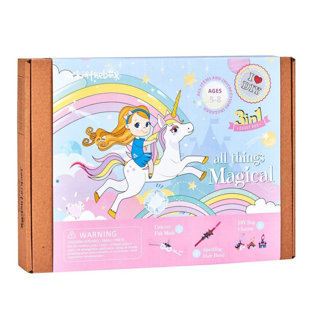 Colorful unicorn-themed 3-in-1 craft kit for kids, featuring a felt mask, rainbow nameboard, and starry wand for creative play.