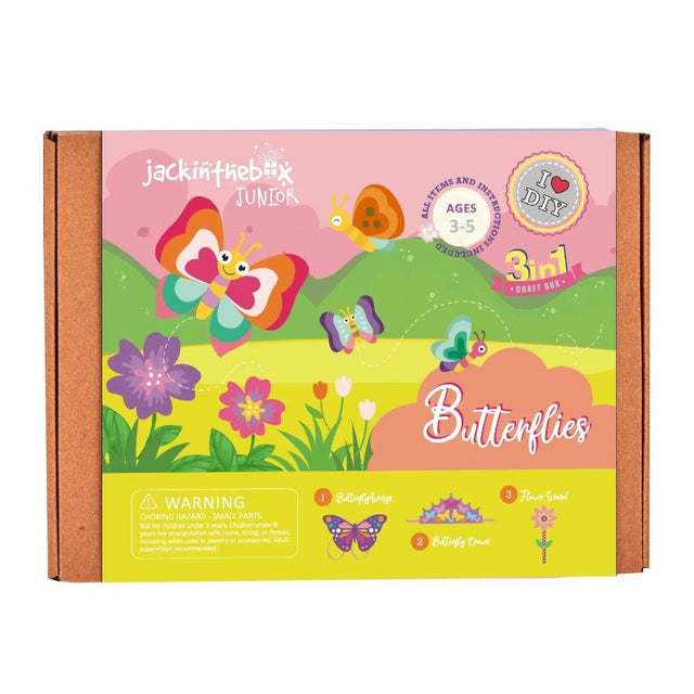 Colorful 3-in-1 craft box for kids featuring butterfly wings, crown, and flower wand projects for creative play.