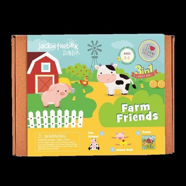 Craft box featuring three activities: Cow Notepad, Animal Masks, and Farm Puzzle for creative farm-themed play.