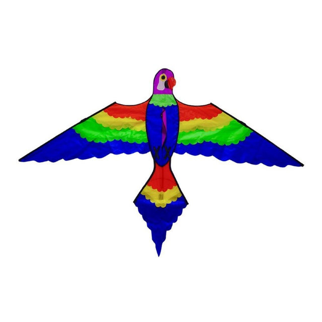 Colorful parrot-shaped kids kite, 150x96 cm, designed for outdoor fun with durable materials and easy-to-use steering lines.