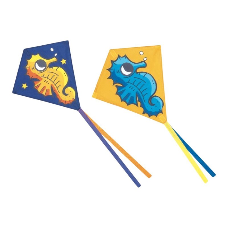 Colorful kids seahorse kite in two designs, crafted for durability and easy flying; perfect for outdoor play adventures.