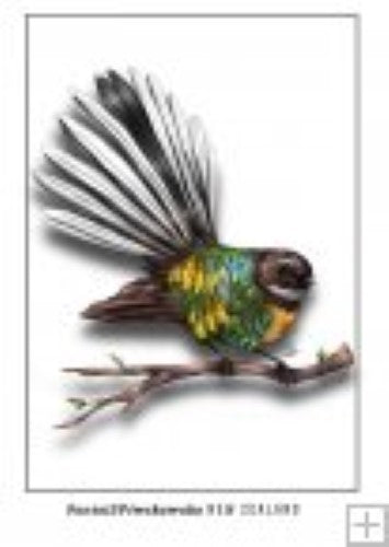Colorful Sophie Blokker postcard featuring a whimsical Fantail, celebrating New Zealand's wildlife and Kiwiana culture.
