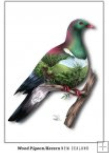 Vibrant Sophie Blokker postcard featuring a wood pigeon, celebrating New Zealand's wildlife and cultural beauty.