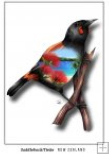 Sophie Blokker Kiwiana postcard featuring vibrant Saddleback art, perfect for gifts or decor celebrating New Zealand wildlife.