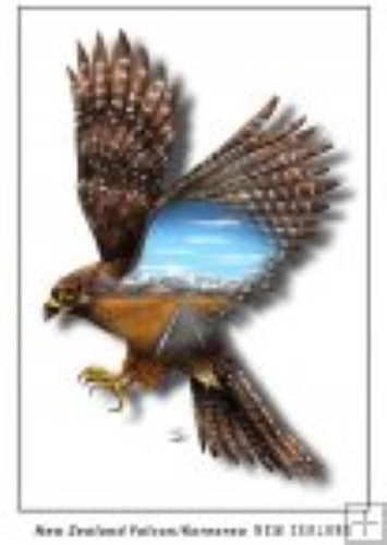 Sophie Blokker Falcon postcard showcasing intricate Kiwiana art celebrating New Zealand's wildlife and natural beauty.