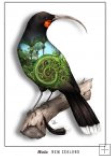Sophie Blokker Kiwiana postcard featuring the iconic Huia bird, vibrant colors, ideal for art collectors or as a heartfelt gift.