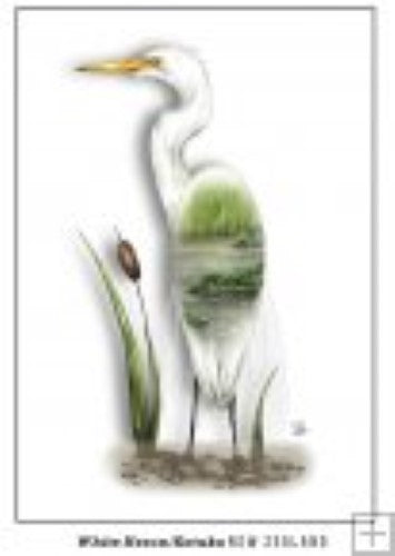 Artistic postcard featuring a vibrant White Heron, showcasing New Zealand's wildlife and Kiwiana charm.