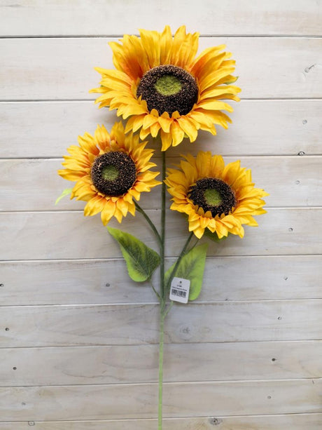 Bright yellow artificial sunflower spray with 3 heads, perfect for home decor and floral arrangements.