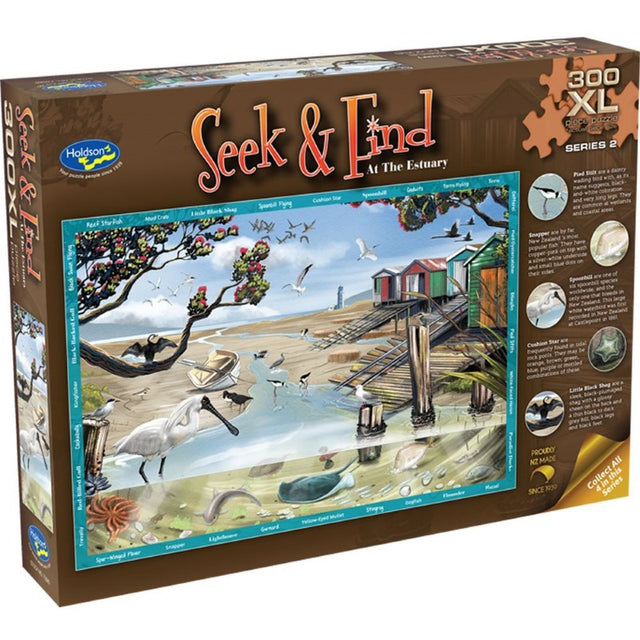 Extra-large 300-piece jigsaw puzzle featuring stunning New Zealand scenery and an interactive 'Seek & Find' game.