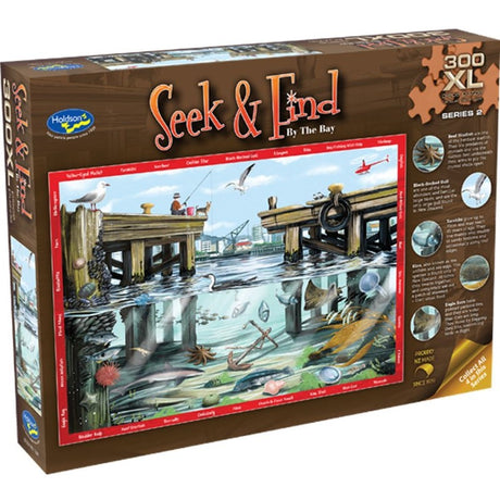 Extra-large 300-piece jigsaw puzzle featuring coastal artwork by Ned Barruad, includes 'Seek & Find' hidden item challenge.