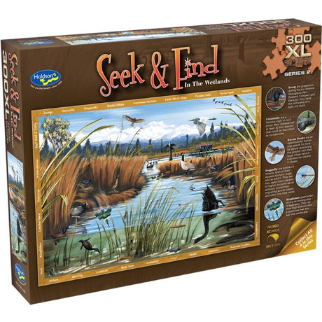 Extra-large jigsaw puzzle showcasing vibrant New Zealand wetland art by Ned Barruad with a fun 'Seek & Find' challenge.