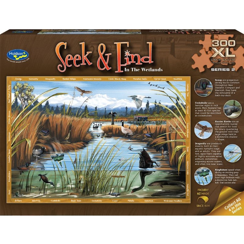 Extra-large jigsaw puzzle featuring Ned Barruad's stunning wetland artwork with a fun Seek & Find activity for all ages.