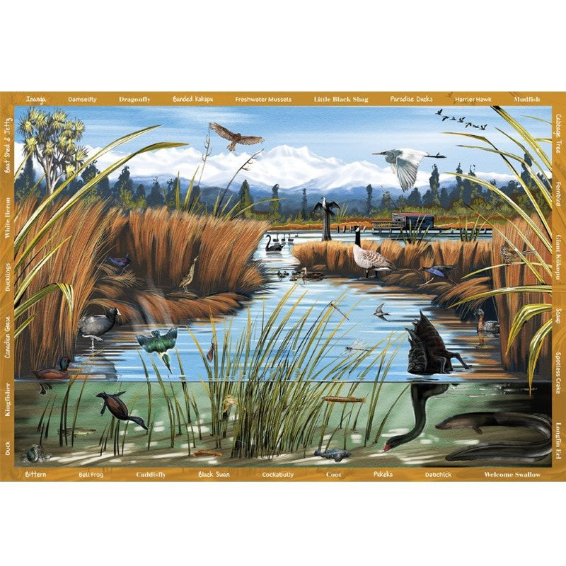 Extra-large jigsaw puzzle featuring Ned Barruad's stunning wetlands artwork with a 'Seek & Find' challenge for all ages.