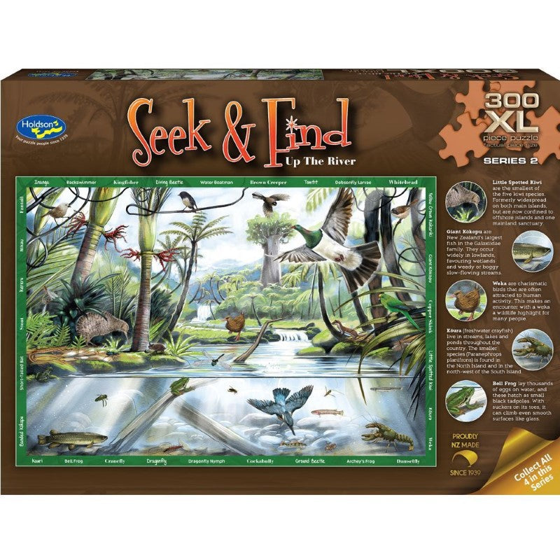 Extra-large jigsaw puzzle featuring Ned Barruad's stunning Kiwi landscape art with hidden items to find, perfect for family fun.