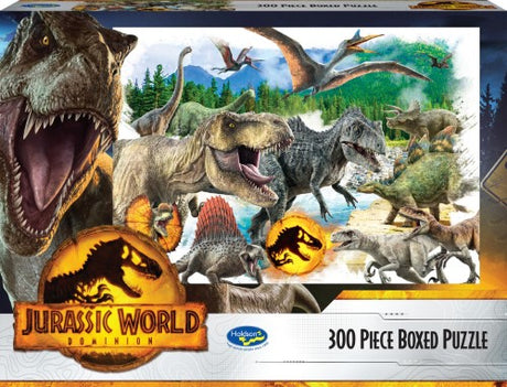 Jigsaw puzzle featuring dinosaurs like T-Rex and Velociraptor, designed for enthusiasts and eco-friendly fun.