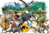 Jigsaw puzzle featuring dinosaurs and humans in a vivid prehistoric scene, made from eco-friendly materials.