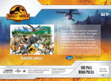 Colorful 300-piece jigsaw puzzle featuring dinosaurs and humans in a prehistoric landscape, perfect for ages 8 and up.